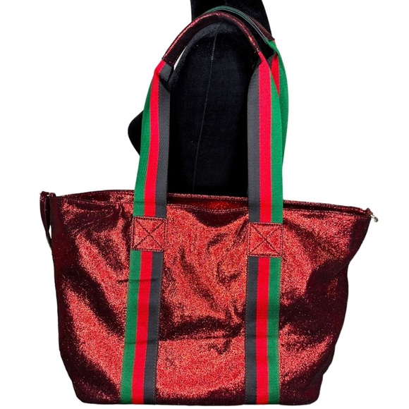 Boutique Red Sparkly Tote Bag w/Racing Stripes - Picture 2 of 8